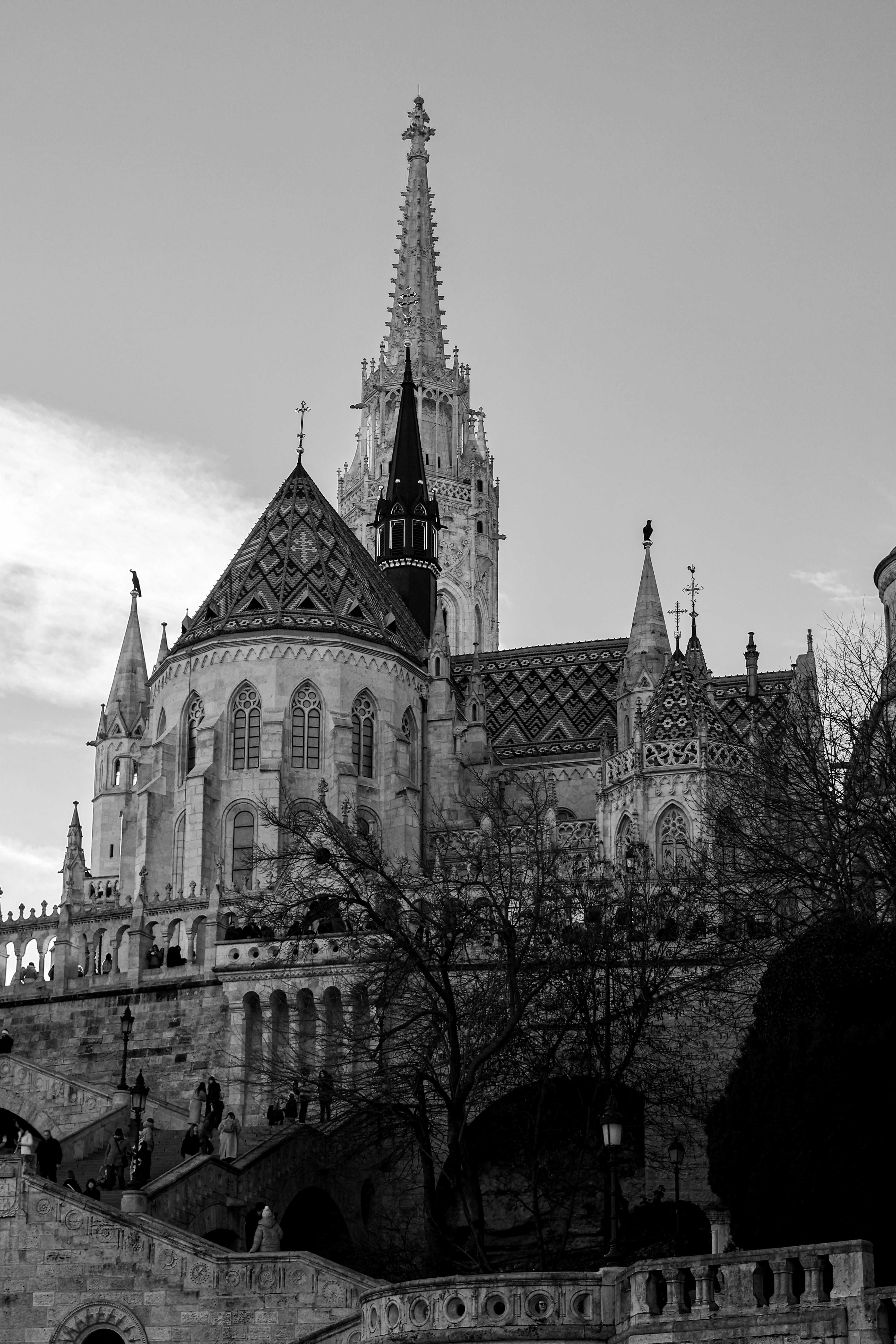 Black and white view of the Gothic Matthias Church in Budapest, Hungary.