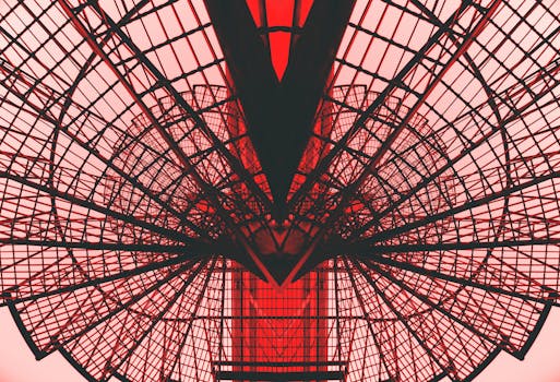 这幅红色几何建筑的抽象视图，展现了现代设计与对称性