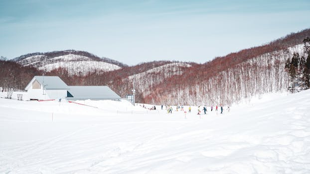 Winter scene at Yuzawa ski resort in Japan with snow-covered slopes and skiers enjoying the day.