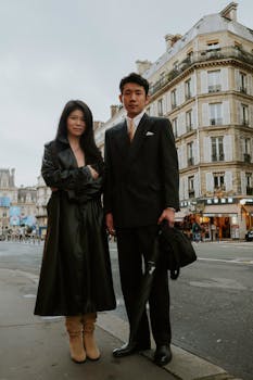 Elegantly dressed couple standing in a European city street.