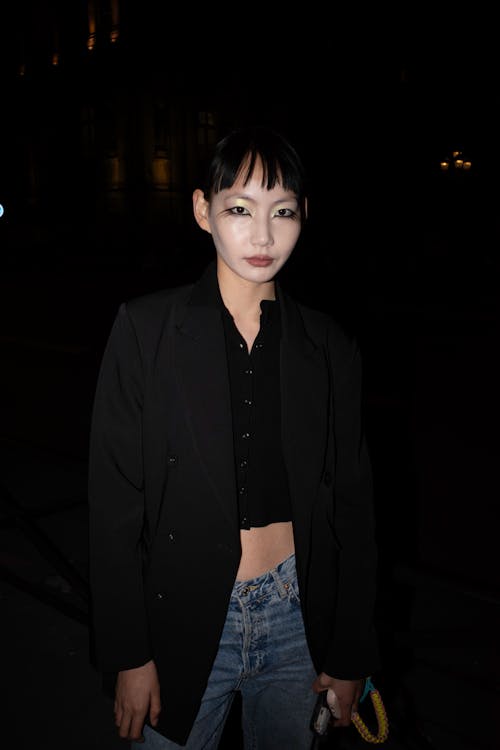 Woman in Cropped Blouse and Blazer