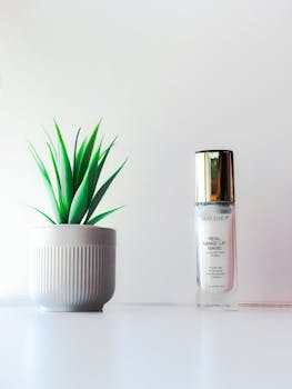 Elegant still life showcasing a makeup base and green plant on a white background.