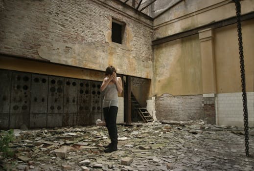 一个女人独自站在破旧的工业环境中，唤起孤独和颓废