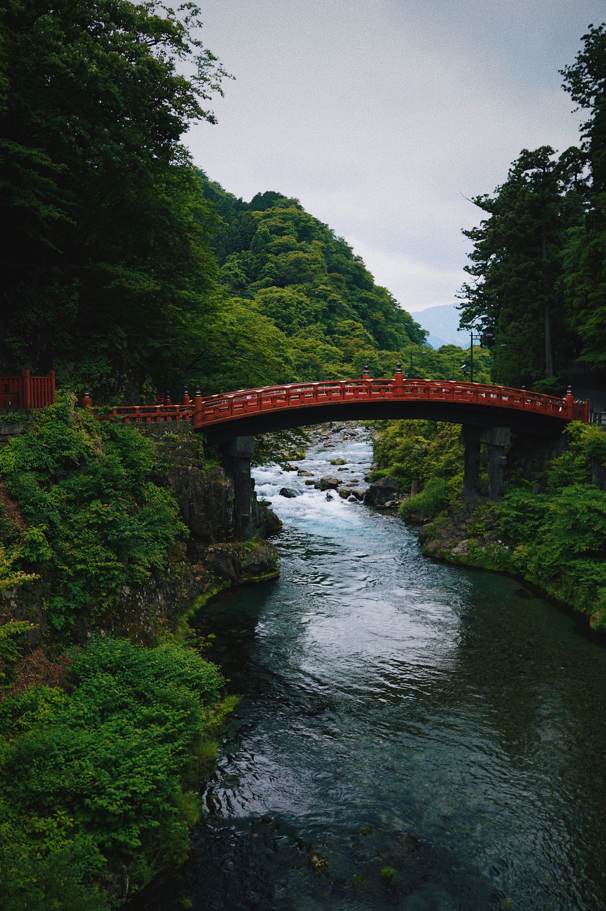 The Shinkyo Sacred Bridge spanning the Daiya River in Nikko, Tochigi — surrounded by green forest