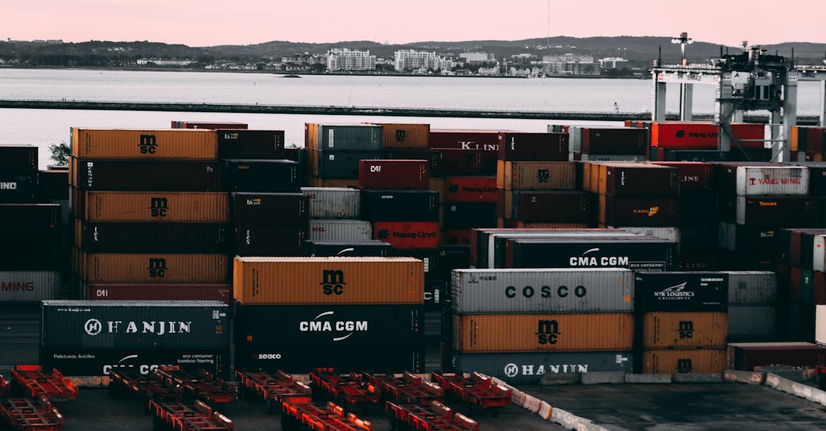 A bustling container yard at a seaport with shipping containers stacked and ready for transport at twilight.