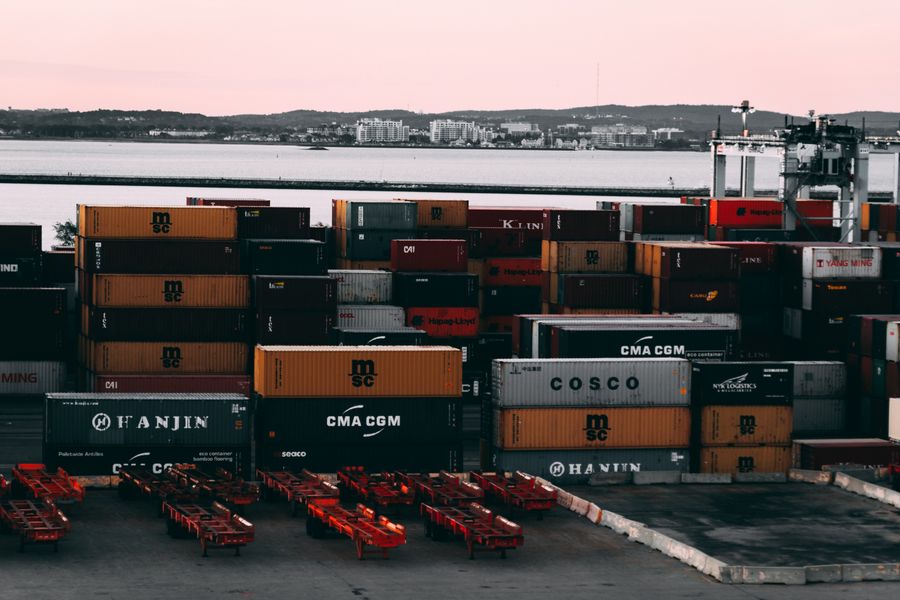 Container yard at a seaport at twilight
