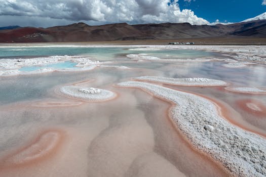 Stunning aerial view of colorful salt flats and mountains in Antofalla, Catamarca, Argentina.