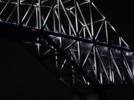 这座现代钢桥的夜景带有照明几何图案，非常适合城市和建筑主题