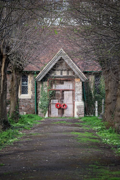 A red door with a red heart on it is in the middle of a path