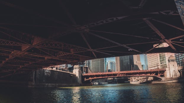芝加哥桥下的迷人景色展示了河流和摩天大楼