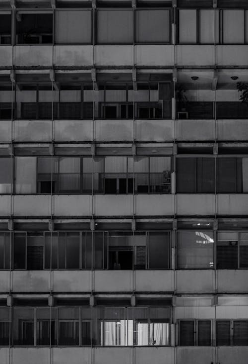 Black and white photograph of a building with windows