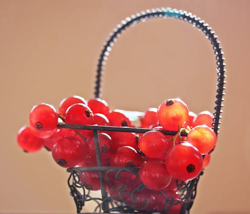 シルバーメタルバスケット写真の赤いサクランボ