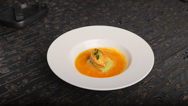 Elegant seafood dish served in a vibrant orange sauce on a decorative table.