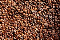 芳香的烤棕色咖啡豆特写细节，完美满足咖啡因爱好者的需求