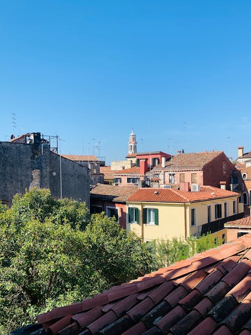 Clear Sky over Buildings Rooftops in Town