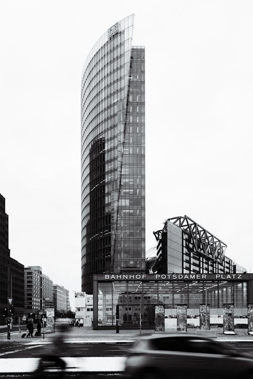 A black and white photo of a tall building