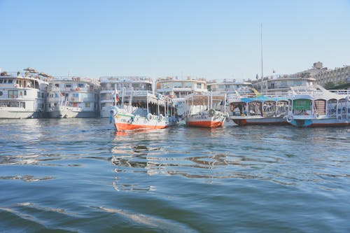 Several boats are docked in the water near a city