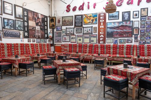 Free Charming interior of Sedir Cafe showcasing Turkish culture and decor. Stock Photo