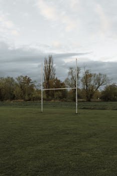 Tranquil rugby field with goalpost and lush trees under a cloudy sky.