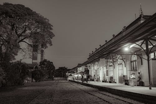 Illuminated Railway Station at Night