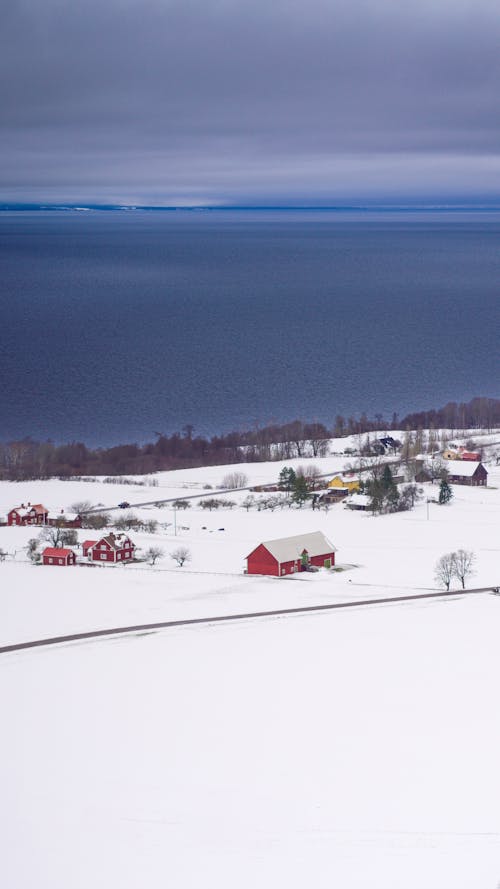 A snowy landscape with a red barn and a body of water