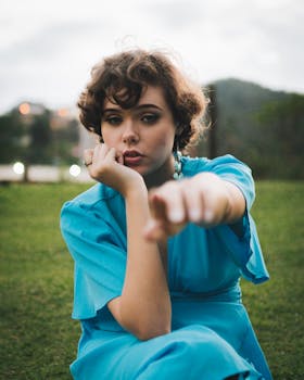 一位身着亮蓝色礼服的女人，在户外以模糊的自然为背景拍摄时尚肖像