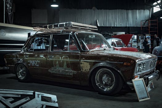 经典复古轿车在工业仓库环境中展示，尽显复古魅力