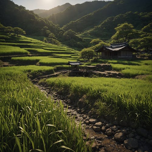 Free A rice field with a small house in the background Stock Photo