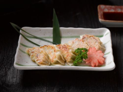 Free Appetizing Japanese gyoza dumplings served with garnish on a ceramic plate, perfect for culinary enthusiasts. Stock Photo
