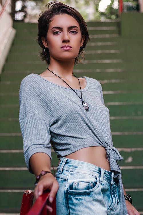 Woman Wearing Gray Long Sleeved Top