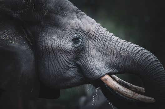 Close-up of an African elephant drinking, showcasing its tusks and wet trunk.