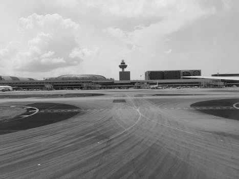A black and white view of Singapore Changi Airport's runway and terminal building.