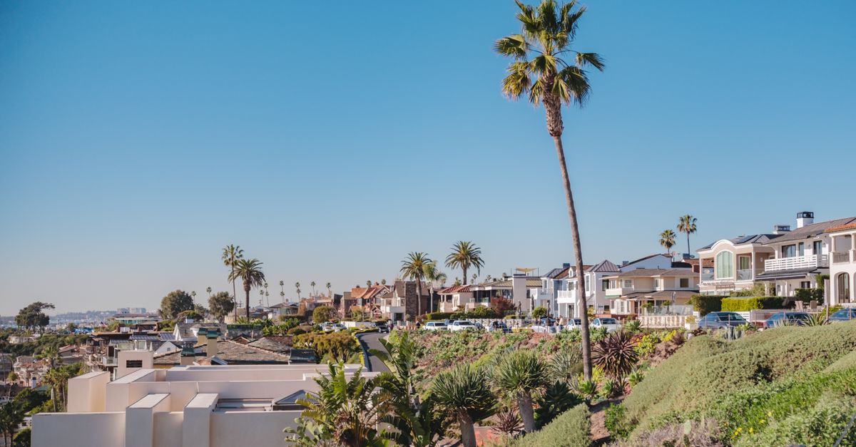 Beautiful view of luxury coastal homes and palm trees in Newport Beach, CA, under a clear blue sky.