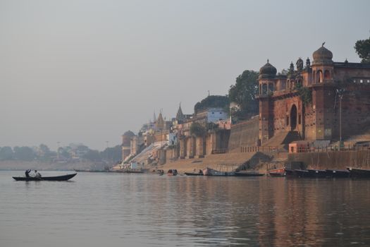 Dawn Ganges boat with a priest — Varanasi