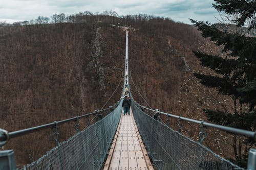 A person walking on a suspension bridge over a valley