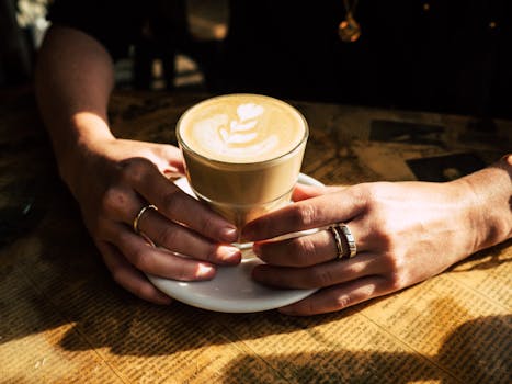 Close-up of hands holding a cappuccino with latte art in a cozy cafe setting.