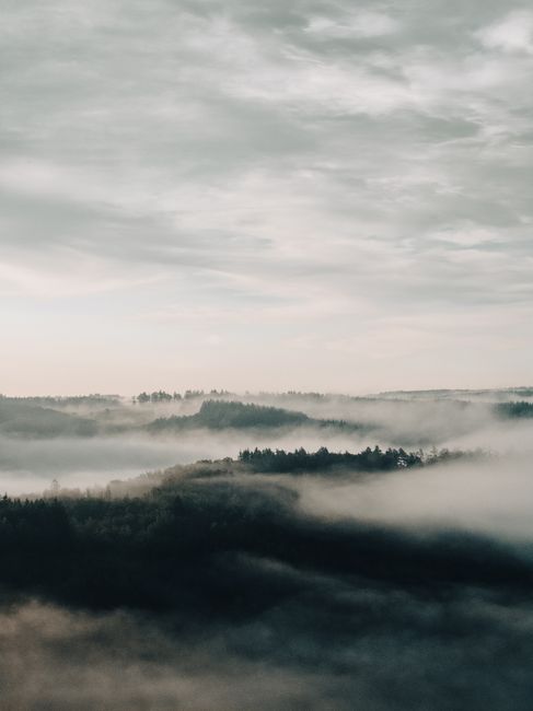 Serene aerial view of a misty forest in Bouillon, Belgium, enveloped by clouds.