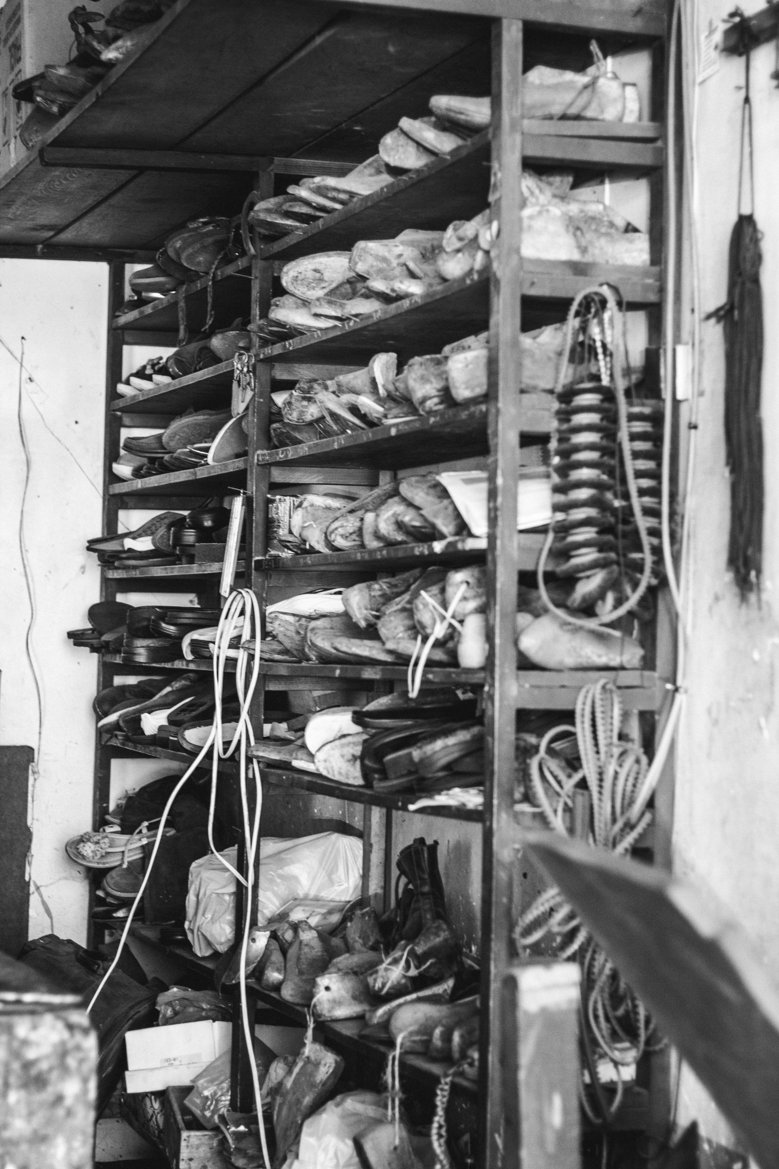 Formes de cordonnier en bois alignées sur les étagères de l'atelier.