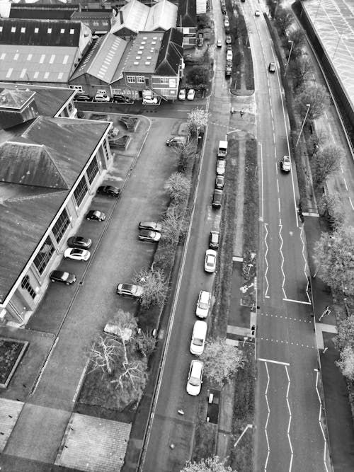 Black and white aerial view of a city street