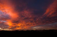 轮廓分明的郊区房屋上，绚丽的日落投下充满活力的色调，营造出戏剧性的夜空