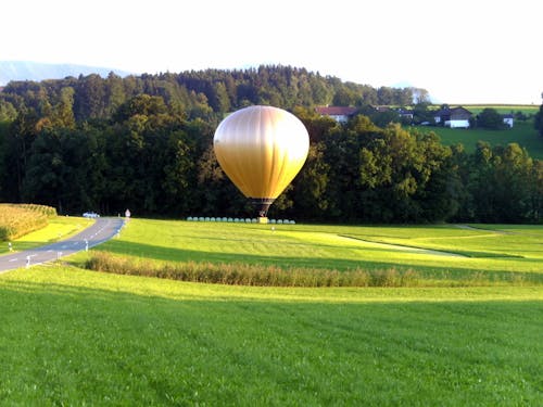 Beige Hete Luchtballon Op Groen Gras