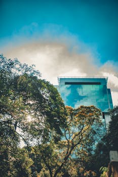 在清澈的蓝天下，一座现代化的玻璃建筑旁种植着树木，捕捉着城市与自然的融合