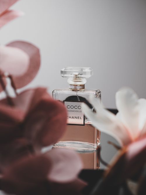 Free Coco Chanel perfume bottle surrounded by soft pink flowers, highlighting luxury and elegance. Stock Photo