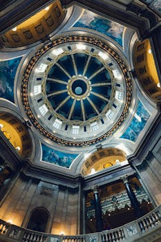 探索这座令人惊叹的建筑圆顶的复杂细节，欣赏其美丽的彩绘天花板艺术