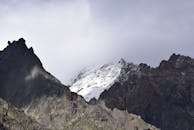 雪山之上，山峰岩石耸立，天空多云