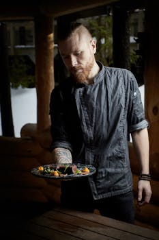 一位厨师在质朴的室内环境中展示了一盘盘美食，非常适合烹饪主题