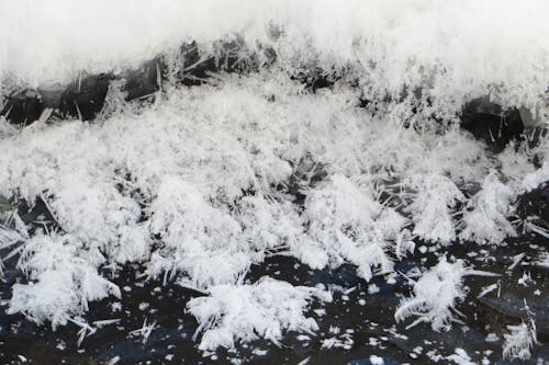 Frozen water on the ground with snow and ice