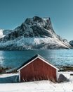 峡湾旁，一座红色小屋坐落在白雪皑皑的群山环抱中，构成一幅宁静的冬日景象