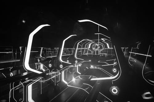 A black and white photo of a futuristic room