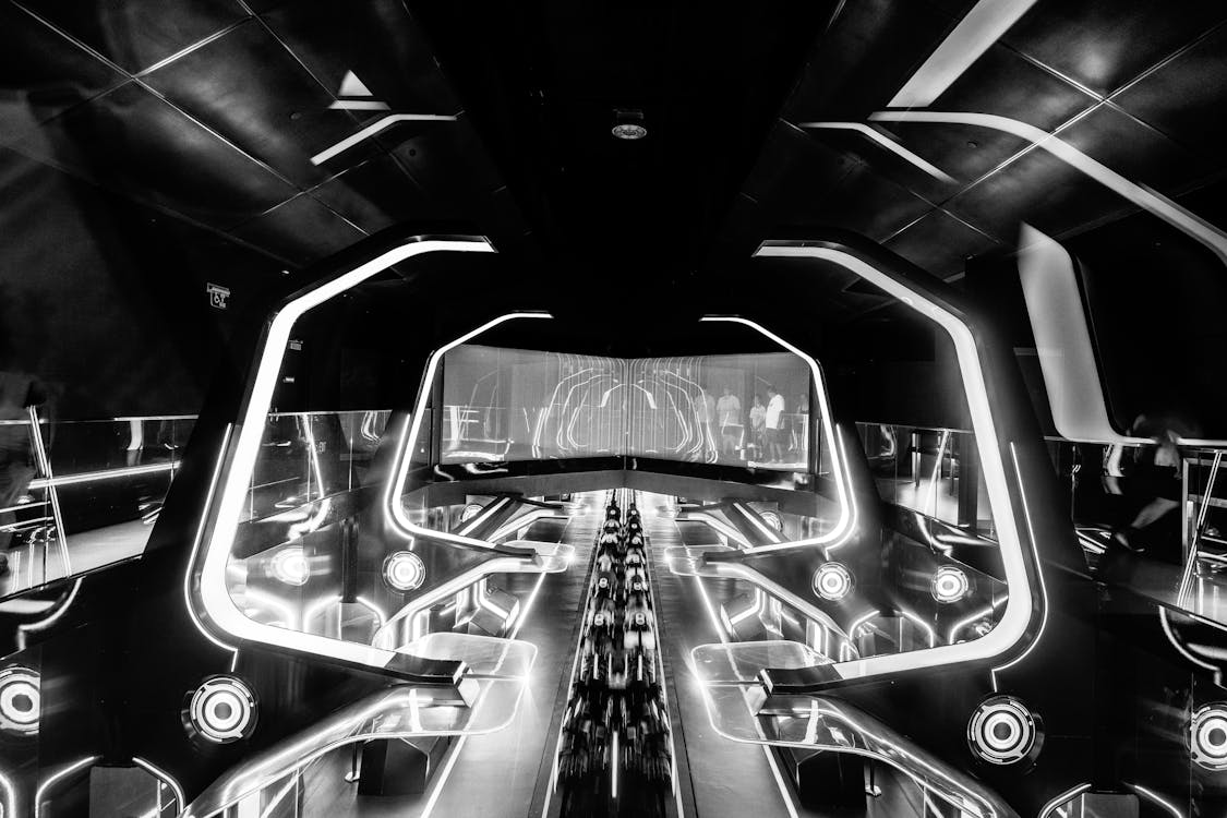 A black and white photo of a futuristic looking room